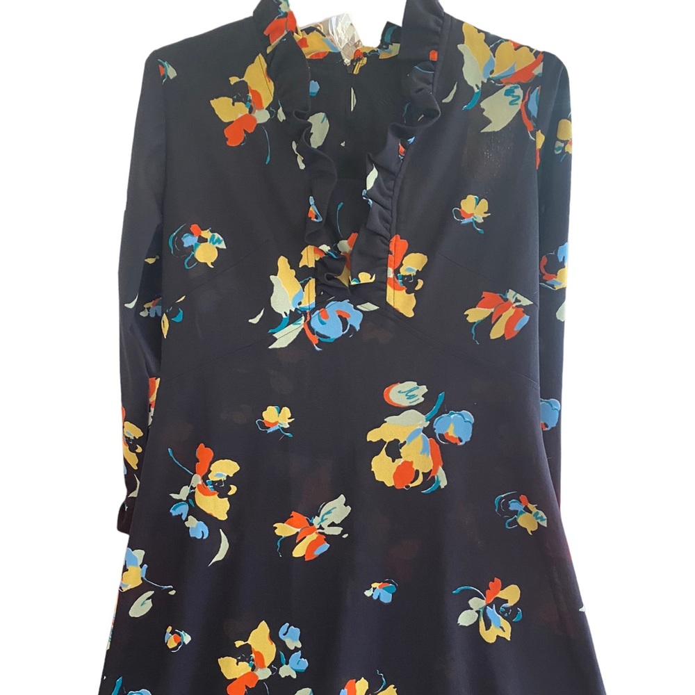 Vintage 70s Polyester Midi Dress With Floral Pattern and Empire Waist, L / XL